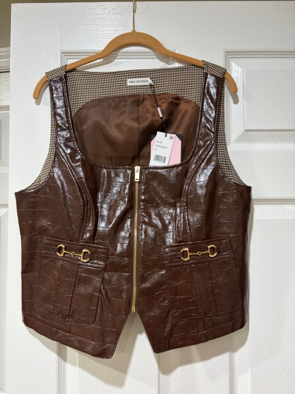 (NWT) New Avec Les Filles Brown Houndstooth and Satin-Lined Leather Top/Vest